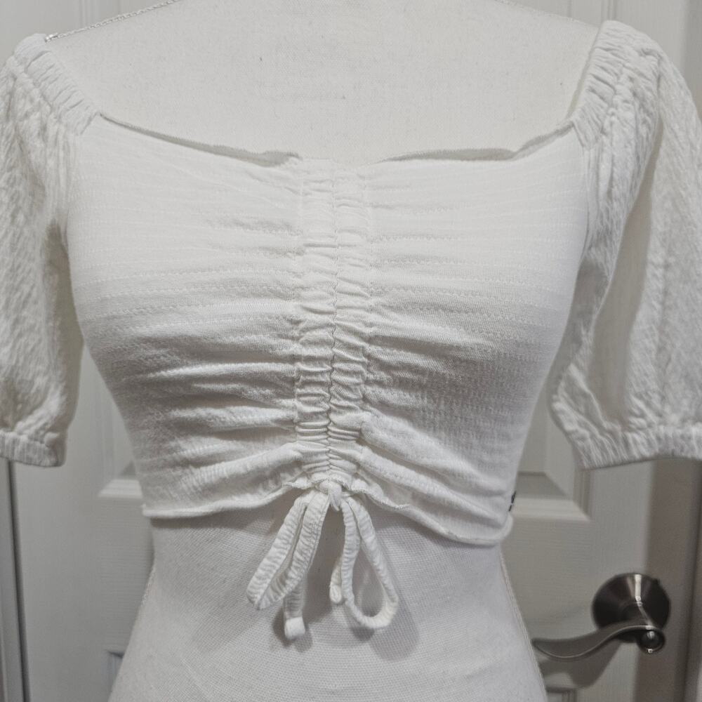 ROXY White Milkmaid Ruched Crop Top Puff Sleeve XS Cottagecore - Picture 2 of 8